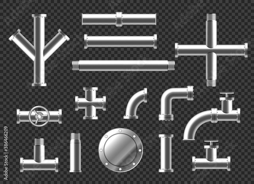 Pipes and tubes plumbing fittings realistic 3d vector set. Metal or plastic pipeline with valves, thread and faucets. Stainless steel metallic ramified connections isolated on transparent background