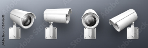 Security cam, cctv video camera, street observe surveillance equipment front and side angle view. Secure guard eye and crime prevention isolated on grey background Realistic 3d vector illustration set