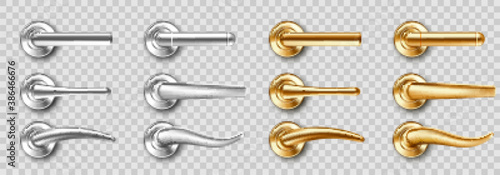 Realistic door handles set, golden and silver knobs of different shapes. Shiny gold and steel modern metal doorknobs, design elements for interior isolated on transparent background 3d vector icons