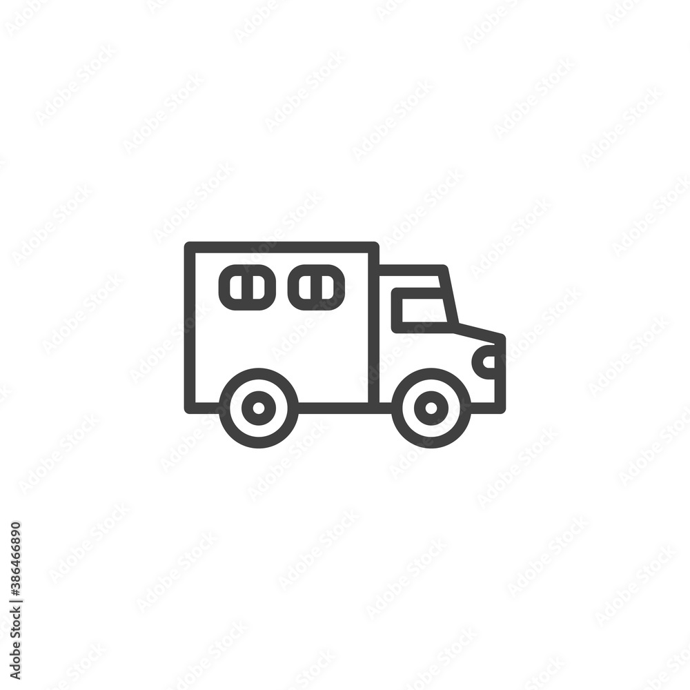 Police truck line icon. linear style sign for mobile concept and web design. Paddy wagon outline vector icon. Symbol, logo illustration. Vector graphics Police truck line icon. linear style sign for mobile concept and web design. Paddy wagon outline vector icon. Symbol, logo illustration. Vector graphics