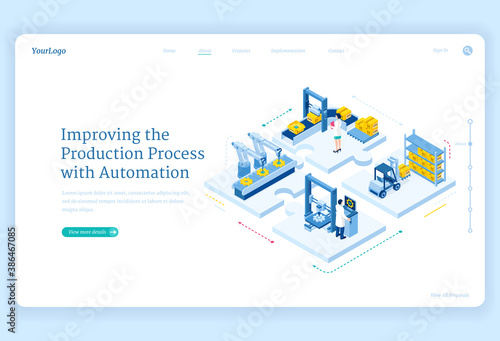 Production process with automation isometric landing page. Factory robotics arms on conveyor belt, smart warehouse logistics, cyborg industrial revolution, plant work improving 3d vector web banner
