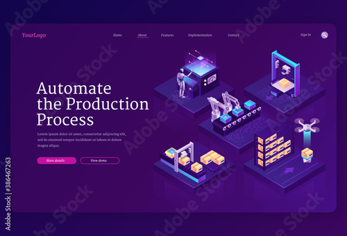 Automate production process banner. Innovation technologies in manufacturing, automation work on industrial assembly line. Vector landing page with isometric conveyor belt, robot, drone and boxes