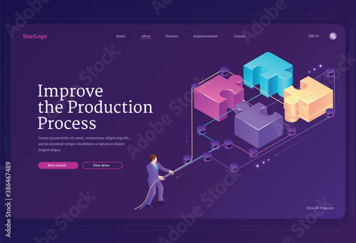 Teamwork concept with puzzle pieces and leverage. Improve production process banner. Vector landing page with isometric illustration of businessman connects jigsaw blocks together