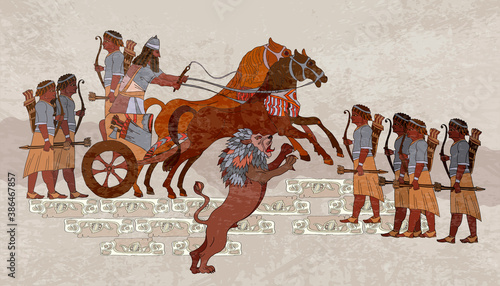 Ancient Sumerian civilization and culture. Akkadian Empire. King on chariot. Lion and warrior. Scene of fight. Mesopotamia. Middle East history