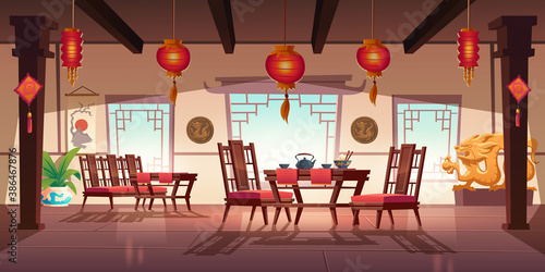 Chinese restaurant with food and tea on wooden table and chairs. Vector cartoon interior of china cafe with traditional windows, red asian lanterns, flower and decoration with dragons