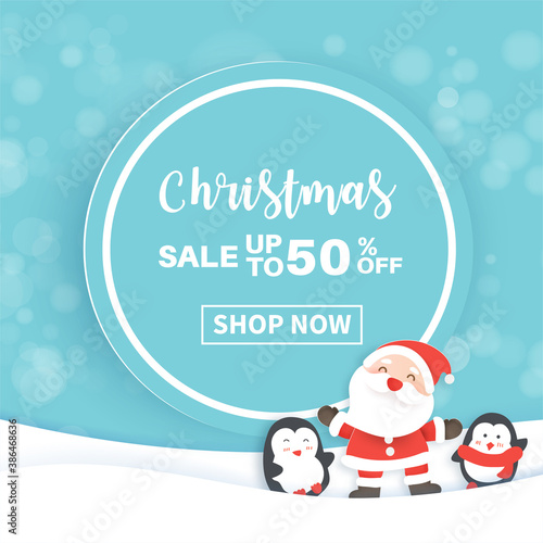 Christmas sale banner with a santa clause and friends in the snow .