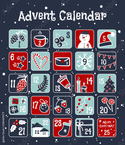 Christmas advent calendar with cute Christmas illustrations