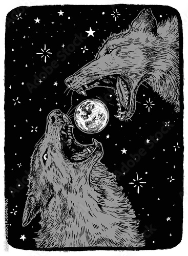 Angry wolves and the moon. Hand drawn vector illustration in monochrome colors. Abstract retro graphic drawing isolated on white. Single element for design prints, shirt, poster, typography, decor.