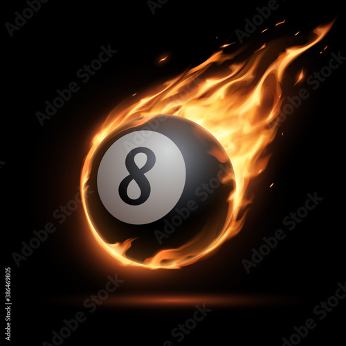 Flaming billiards eight ball on black background