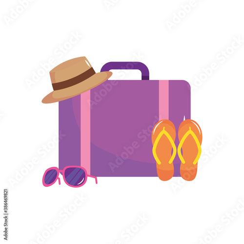 travel suitcase with umbrella, flip flops and sunglasses, flat style