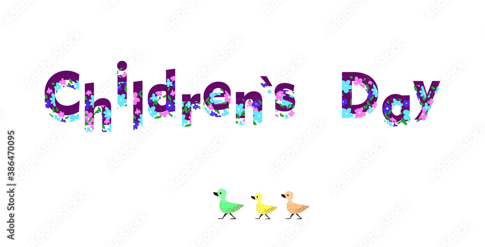 Fototapeta premium world children's day poster design. Image of text on a background of flowers and cute different ducks. Perfect for banners and flyers. EPS10.