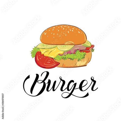 Vector color image of a hamburger in sketch style on a white background.