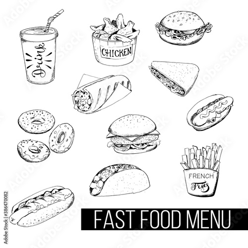 Fast food menu, a vector image of food in the style of a sketch in one color on a white background.