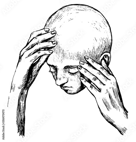 The man is holding his head. Dizziness. Hand drawn vector contour illustration. Realistic retro graphic drawing isolated on white. Single black element for design print, shirt, poster, decor, card.