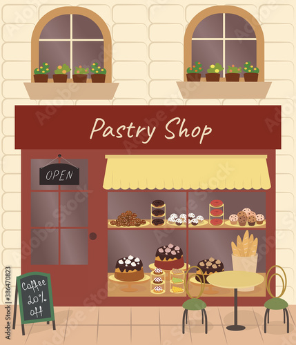 Pastry shop with cakes, pastries, donuts, baguettes, biscuits and sweets. Bakery shop vector illustration for design.