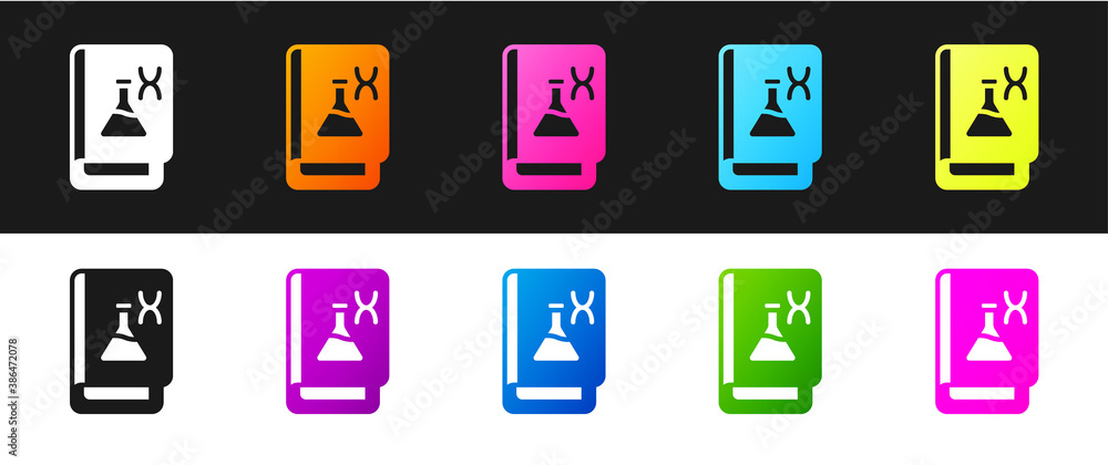 Set Genetic engineering book icon isolated on black and white background. DNA symbol. Vector. Set Genetic engineering book icon isolated on black and white background. DNA symbol. Vector.