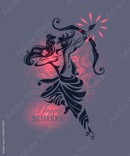 Lord Rama in flight while jumping with bow and arrow killing Ravana. Happy Dussehra - Navratri hindu festival of India