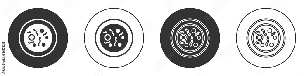 Black Petri dish with bacteria icon isolated on white background. Circle button. Vector. Black Petri dish with bacteria icon isolated on white background. Circle button. Vector.