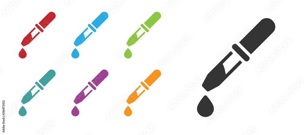Black Pipette icon isolated on white background. Element of medical, chemistry lab equipment. Pipette with drop. Medicine symbol. Set icons colorful. Vector. Black Pipette icon isolated on white background. Element of medical, chemistry lab equipment. Pipette with drop. Medicine symbol. Set icons colorful. Vector.