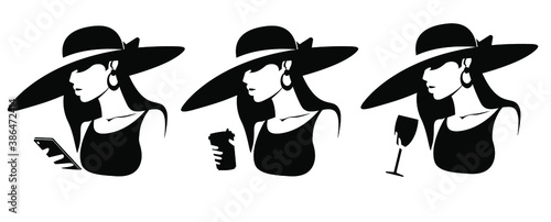 Silhouette of a girl in a hat. A set of silhouettes of a woman holding a mobile phone, a cup of tea, a glass of wine in her hand. Stock vector illustration