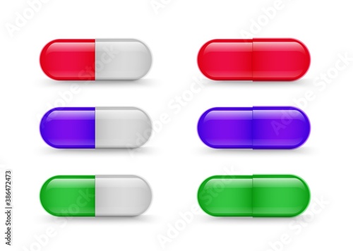 Capsules. Medical drugs collection. Vector realistic medicine antibiotics or vitamin set.
