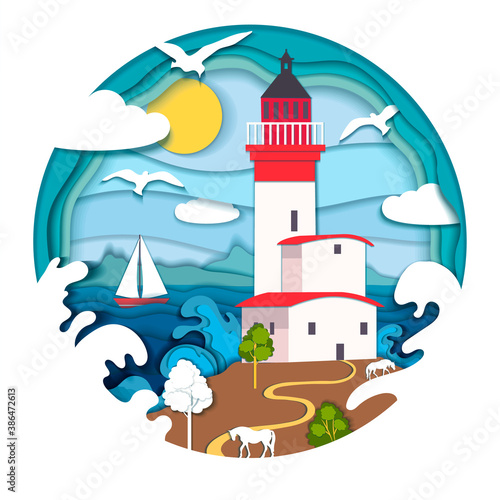 Image from paper layers with a lighthouse by the sea, a ship on the waves and birds in the sky