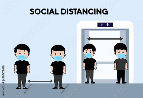 People waiting for elevator going up office building. Lifestyle after pandemic covid-19 corona virus. New normal is social distancing queue and wearing mask. Keep distance.  flat vector illustration