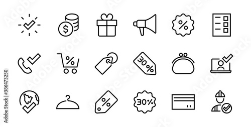 Cyber Monday Icon Set contains discount packages, promotions, shopping cart, big discounts, shopping cart and more. Editable stroke, vector icons