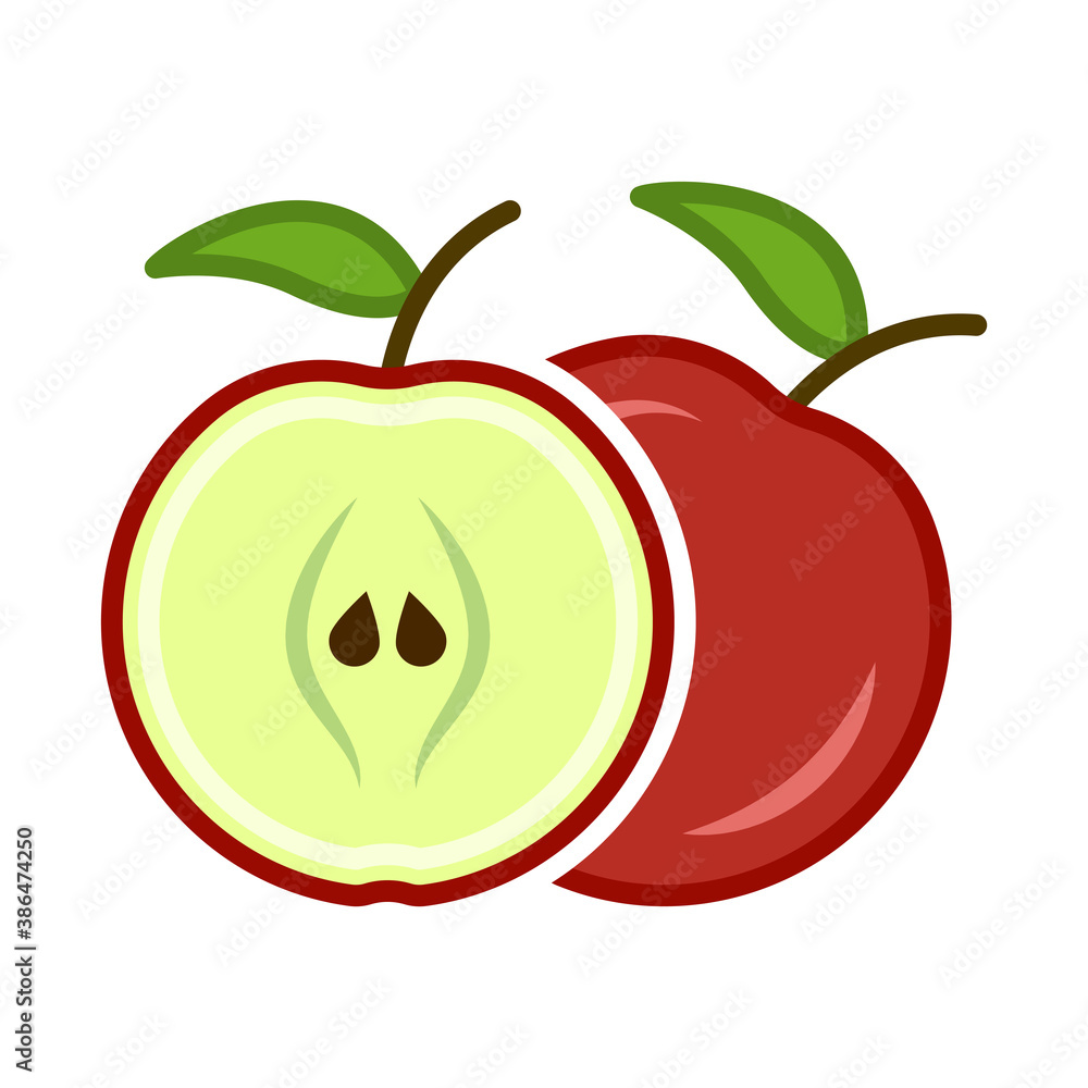 Minimalist cartoon icon of a red apple in the section. Location one after the other. Isolated vector illustration on white background. Minimalist cartoon icon of a red apple in the section. Location one after the other. Isolated vector illustration on white background.