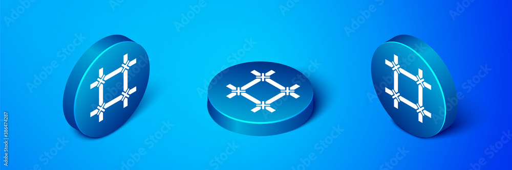Isometric Prison window icon isolated on blue background. Blue circle button. Vector.