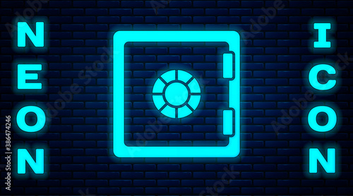 Glowing neon Safe icon isolated on brick wall background. The door safe a bank vault with a combination lock. Reliable Data Protection. Vector.