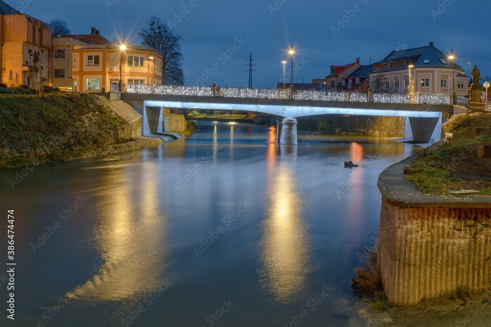 Valasske Mezirici. Christmas decoration of the bridge over the Becva River. Czech Republic. Europe. 