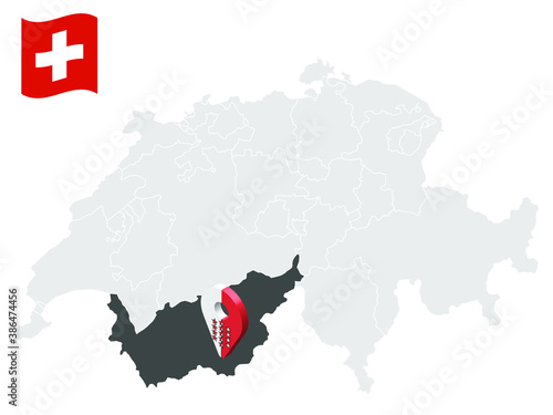 Location Canton of Valais on map Switzerland. 3d location sign similar to the flag of Valais. Quality map with provinces of Switzerland for your design. EPS10.