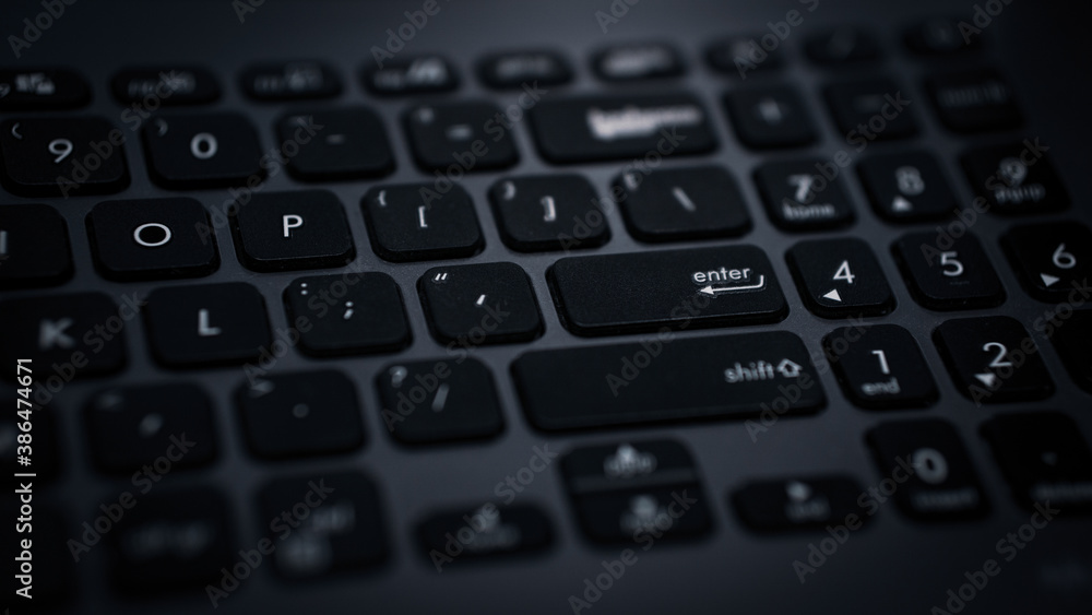 Black keyboard at laptop with white letters. Black keyboard at laptop with white letters.