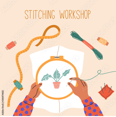 Top view of a child's hands embroider a flower, threads on the table, sewing needles, creative workshop, art craft lesson. Education for kids. Hand drawn vector illustration in flat cartoon style.