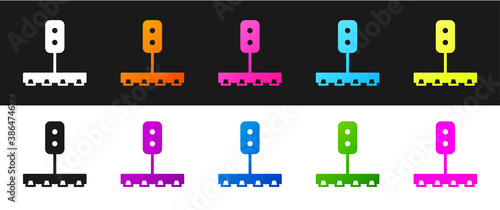 Set Train traffic light icon isolated on black and white background. Traffic lights for the railway to regulate the movement of trains. Vector.