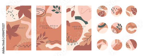Bundle of editable insta story templates and highlights covers in autumn style.Vector layouts with hand drawn organic shapes and textures.Abstract backgrounds.Trendy design for social media marketing.