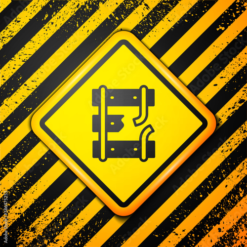 Black Broken or cracked rails on a railway icon isolated on yellow background. Warning sign. Vector.