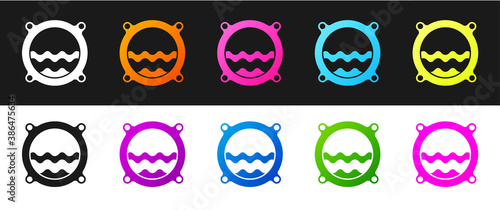 Set Ship porthole with rivets and seascape outside icon isolated on black and white background. Vector.