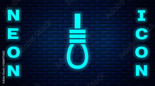 Glowing neon Gallows rope loop hanging icon isolated on brick wall background. Rope tied into noose. Suicide, hanging or lynching. Vector.