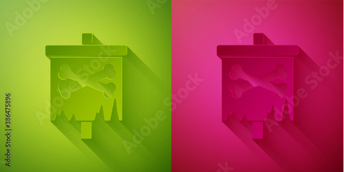 Paper cut Pirate flag icon isolated on green and pink background. Paper art style. Vector.