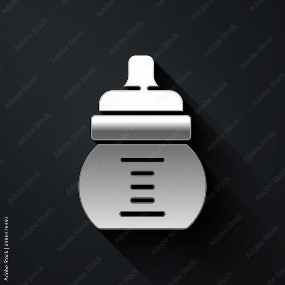 Silver Baby bottle icon isolated on black background. Feeding bottle icon. Milk bottle sign. Long shadow style. Vector. Silver Baby bottle icon isolated on black background. Feeding bottle icon. Milk bottle sign. Long shadow style. Vector.