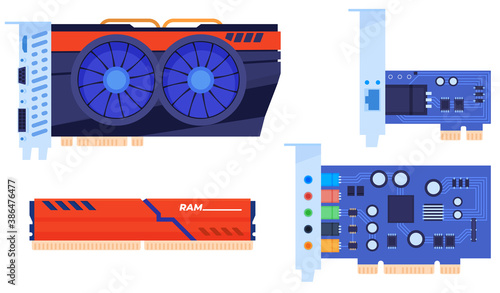 Set of computer parts. video card, RAM, sound card, network card. Isolated vector illustration