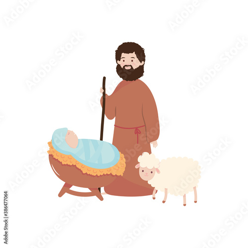 Nativity concept, Joseph and baby jesus with a sheep, flat style