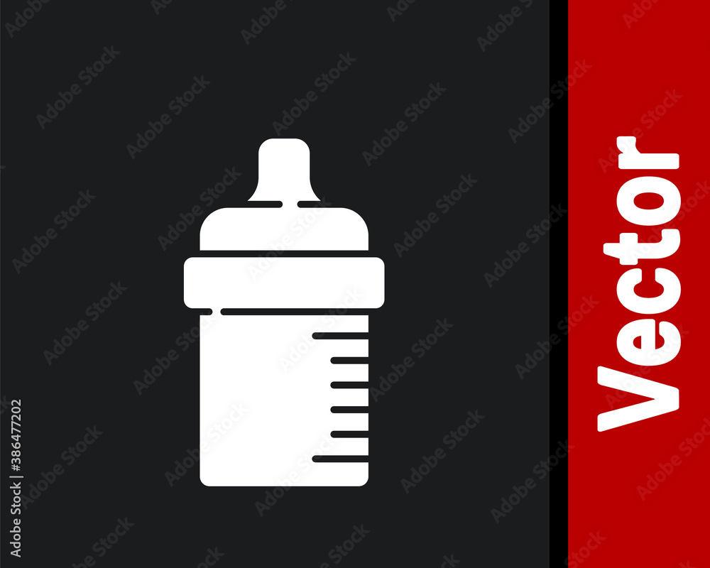 White Baby bottle icon isolated on black background. Feeding bottle icon. Milk bottle sign. Vector. White Baby bottle icon isolated on black background. Feeding bottle icon. Milk bottle sign. Vector.