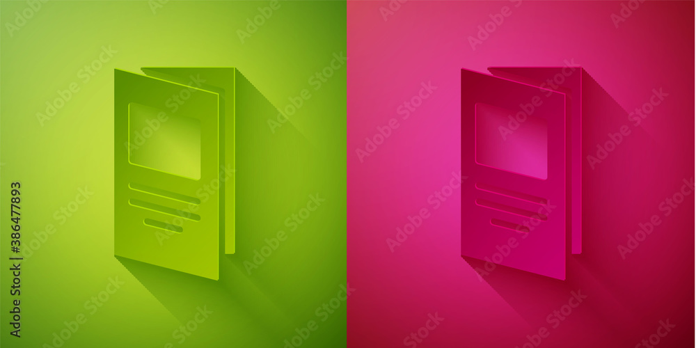 Paper cut Brochure template layout icon isolated on green and pink background. Corporate business annual report, catalog, magazine, flyer mockup. Paper art style. Vector. Paper cut Brochure template layout icon isolated on green and pink background. Corporate business annual report, catalog, magazine, flyer mockup. Paper art style. Vector.
