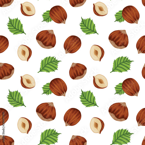Stock vector graphics seamless pattern, hand drawn illustration isolated on white background flat style.Realistic hazelnut. Illustration for flyer, poster, wallpaper, web, invitation, menu.