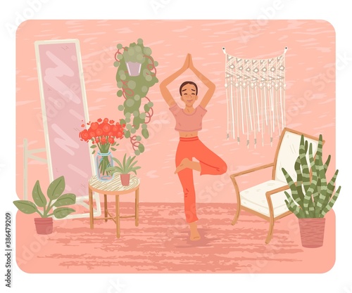 Woman doing yoga activity at home. View a yoga lesson online on a computer. A lesson with an instructor from home. Vector illustration