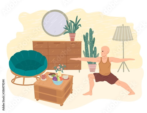 Man practices yoga at home. The interior of the apartment during quarantine. Stay home and do yoga. Vector drawing