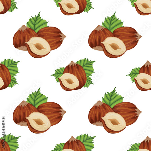 Stock vector graphics seamless pattern, hand drawn illustration isolated on white background flat style.Realistic hazelnut. Illustration for flyer, poster, wallpaper, web, invitation, menu.